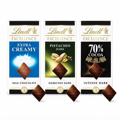 Lindt Excellence Chocolate Bar 100g x 8 Pack - Milk, Dark 70% or Pistachio