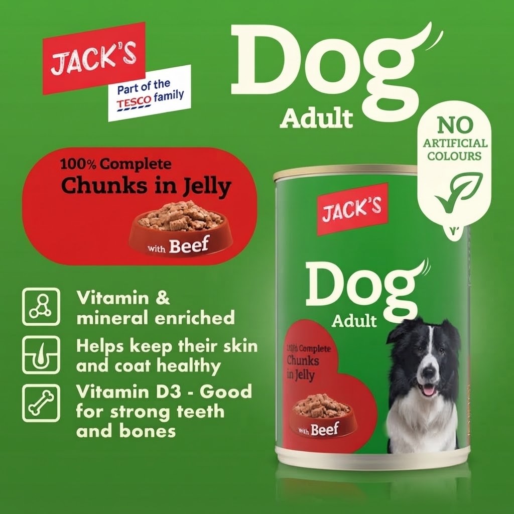 12 x 415g Jack's Adult Dog Food Wet Chunks Beef Chicken Gravy Jelly Wet Cans