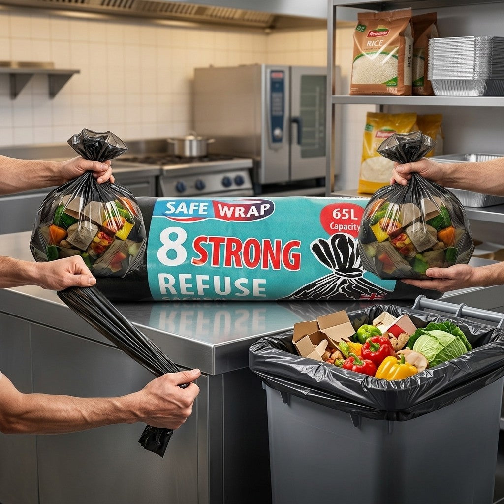 8x Safewrap Strong Refuse Sacks 65L Heavy Duty Black Bin Liners Waste Bags 65Ltr