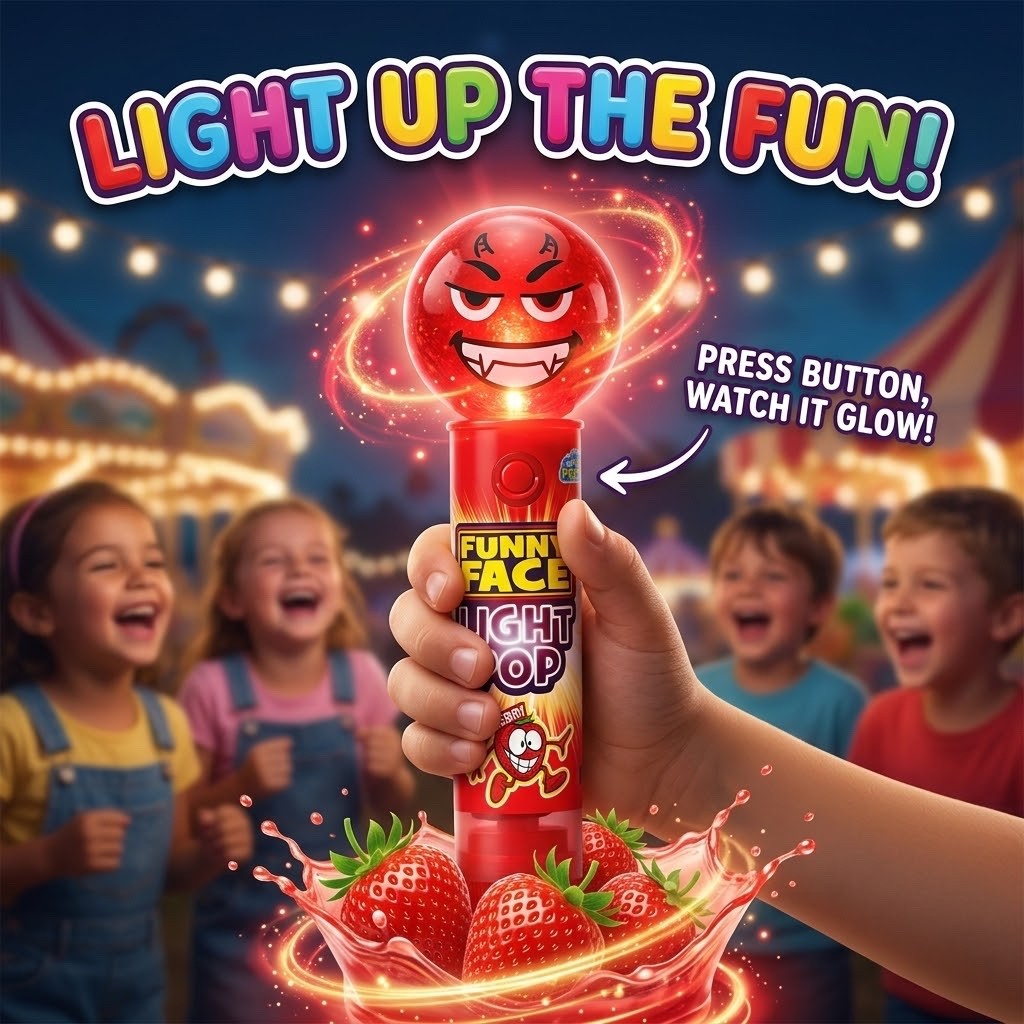 12 x 11g Pack Funny Face Light Pop Novelty Fruit Flavour Candy Lollipop Toy