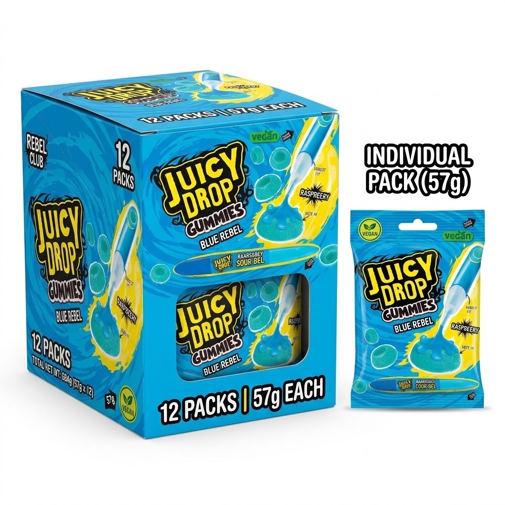 12 x 57g Juicy Drop Gummies Strawberry & Raspberry Sour Gel Vegan Halal Sweets