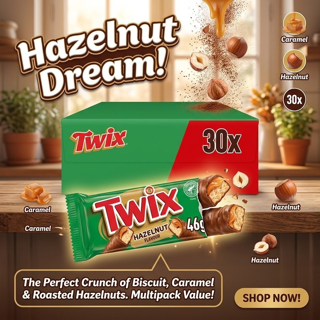 30 x 46g Twix Hazelnut Flavour Milk Chocolate Bar Box Multipack Snack Vegetarian