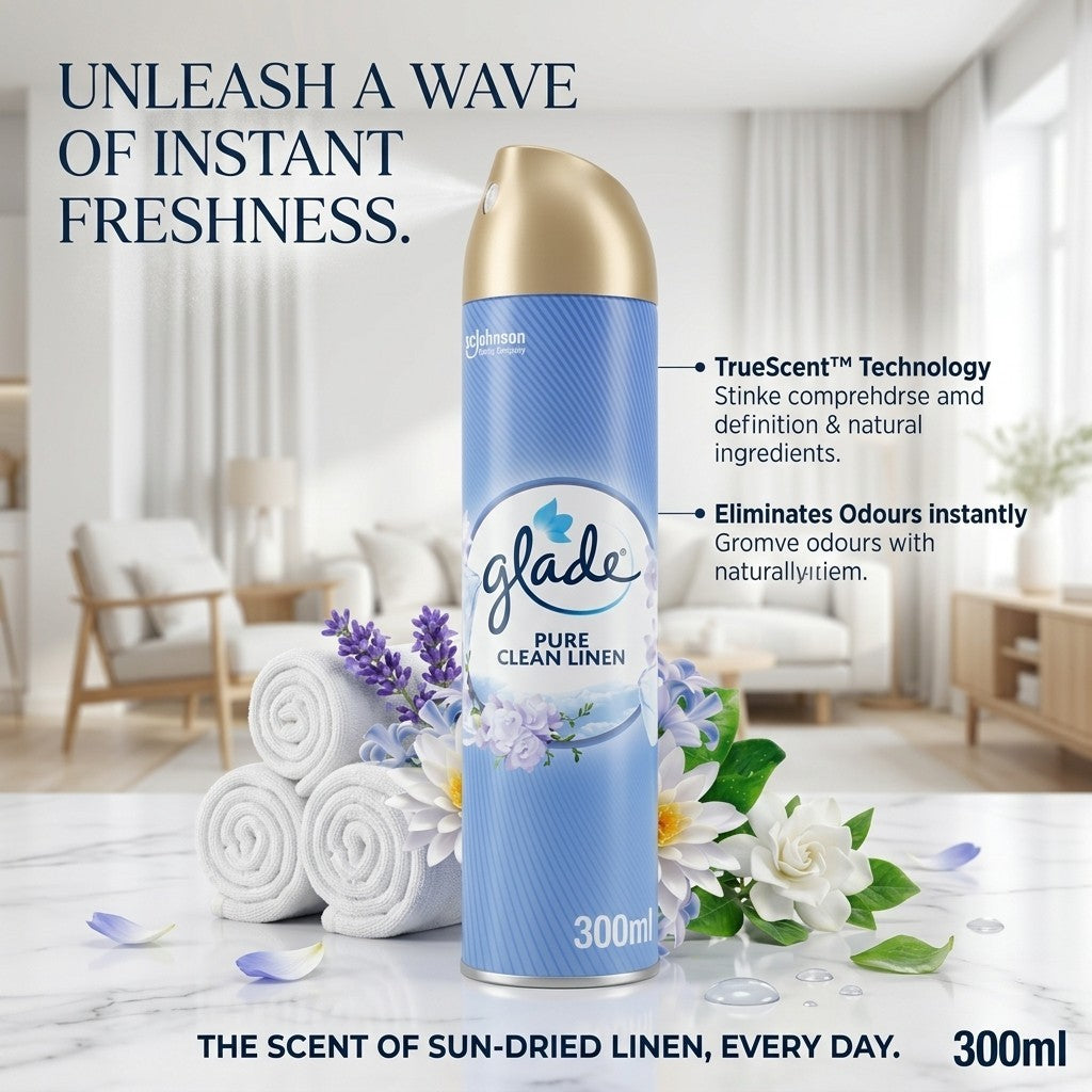 12 x Glade Aerosol Air Freshener Pure Clean Linen Scent 300ml Room Eliminator