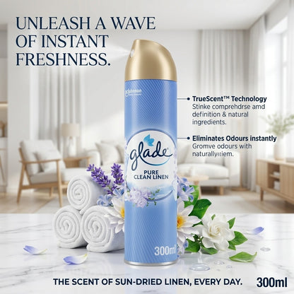 12 x Glade Aerosol Air Freshener Pure Clean Linen Scent 300ml Room Eliminator