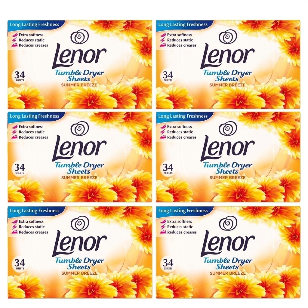 34 Sheets x 6 Lenor Fabric Tumble Dryer Sheets Summer Breeze - Bulk