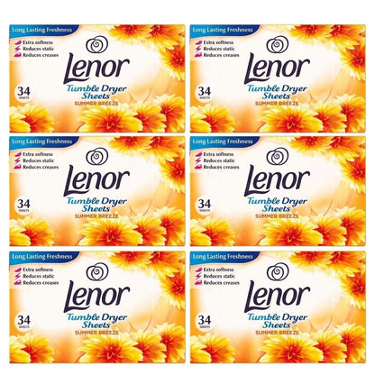 34 Sheets x 6 Lenor Fabric Tumble Dryer Sheets Summer Breeze - Bulk