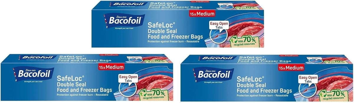 15s Pack Bacofoil SafeLoc Double Seal Food Freezer Bags Medium Bulk 12 Box (180)