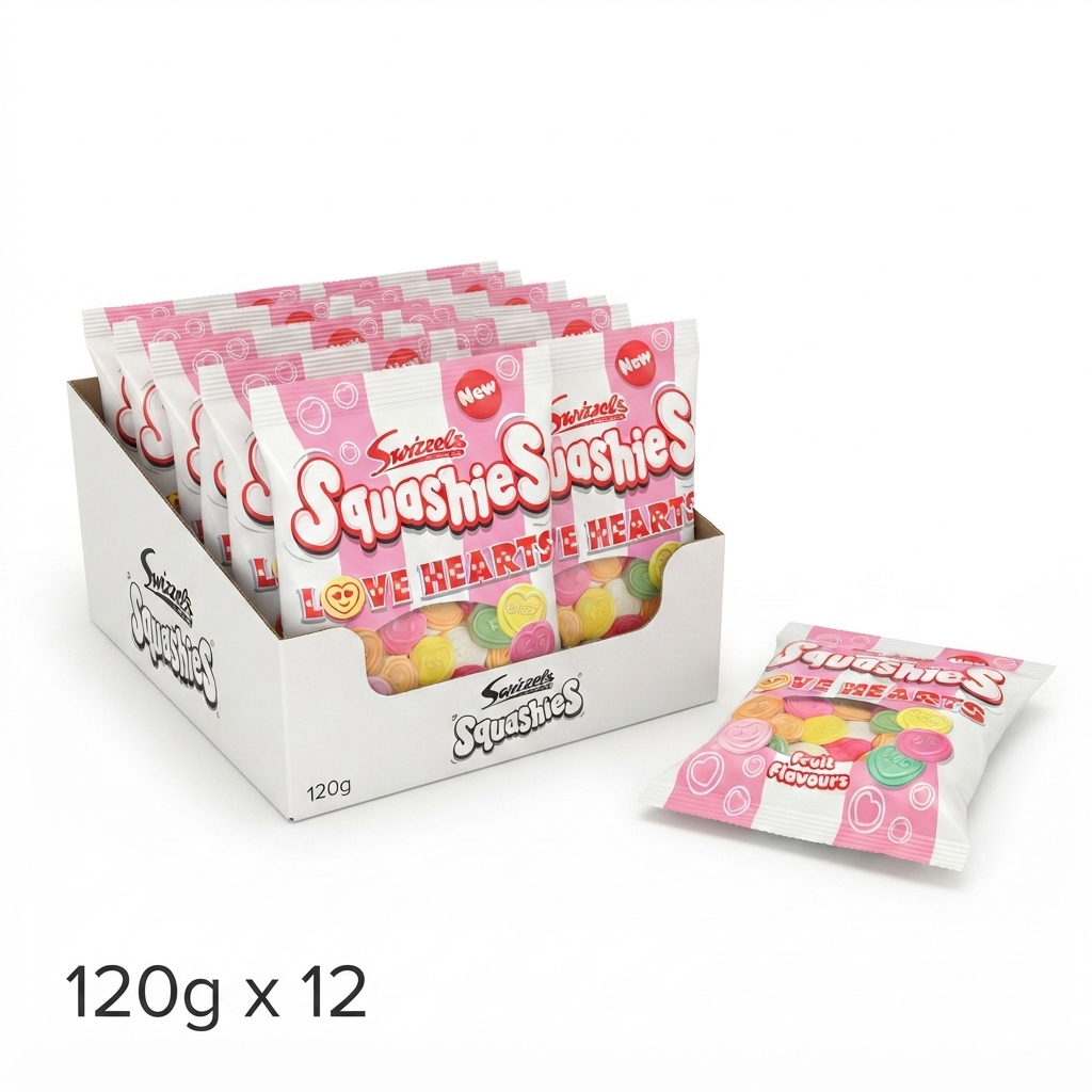 Swizzels Squashies Love Hearts 120g x 12 Bulk Box Soft Gummy Sweets Free