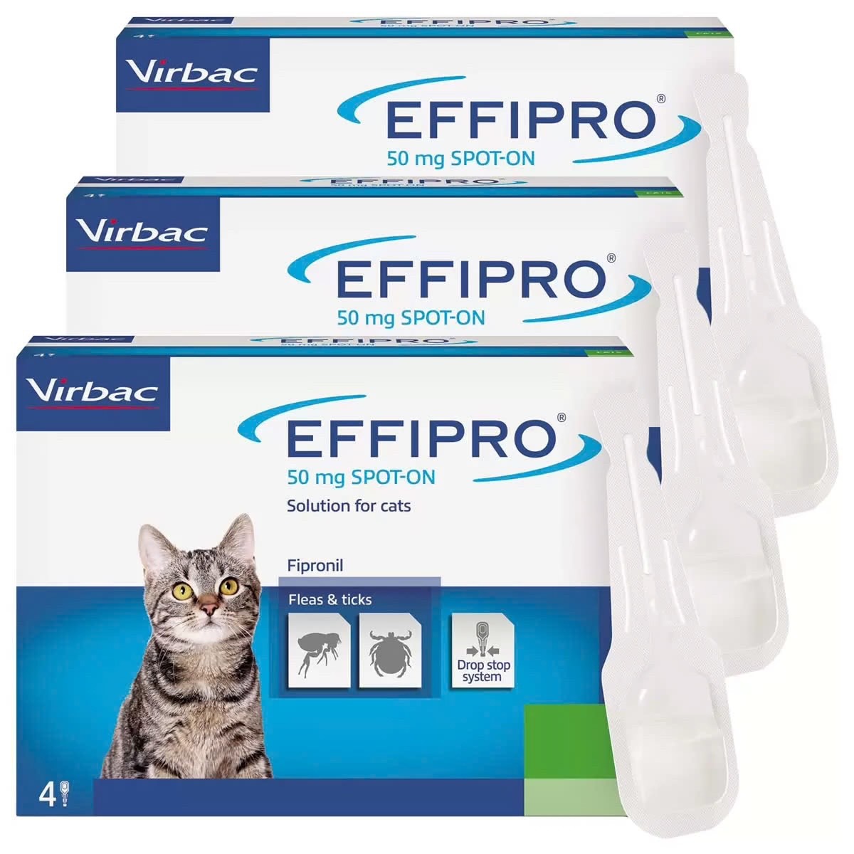 3 x 4 Pipettes x 50mg Effipro Spot-On Flea and Tick Treatment for Cat