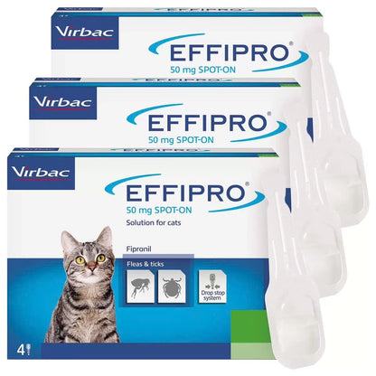 3 x 4 Pipettes x 50mg Effipro Spot-On Flea and Tick Treatment for Cat