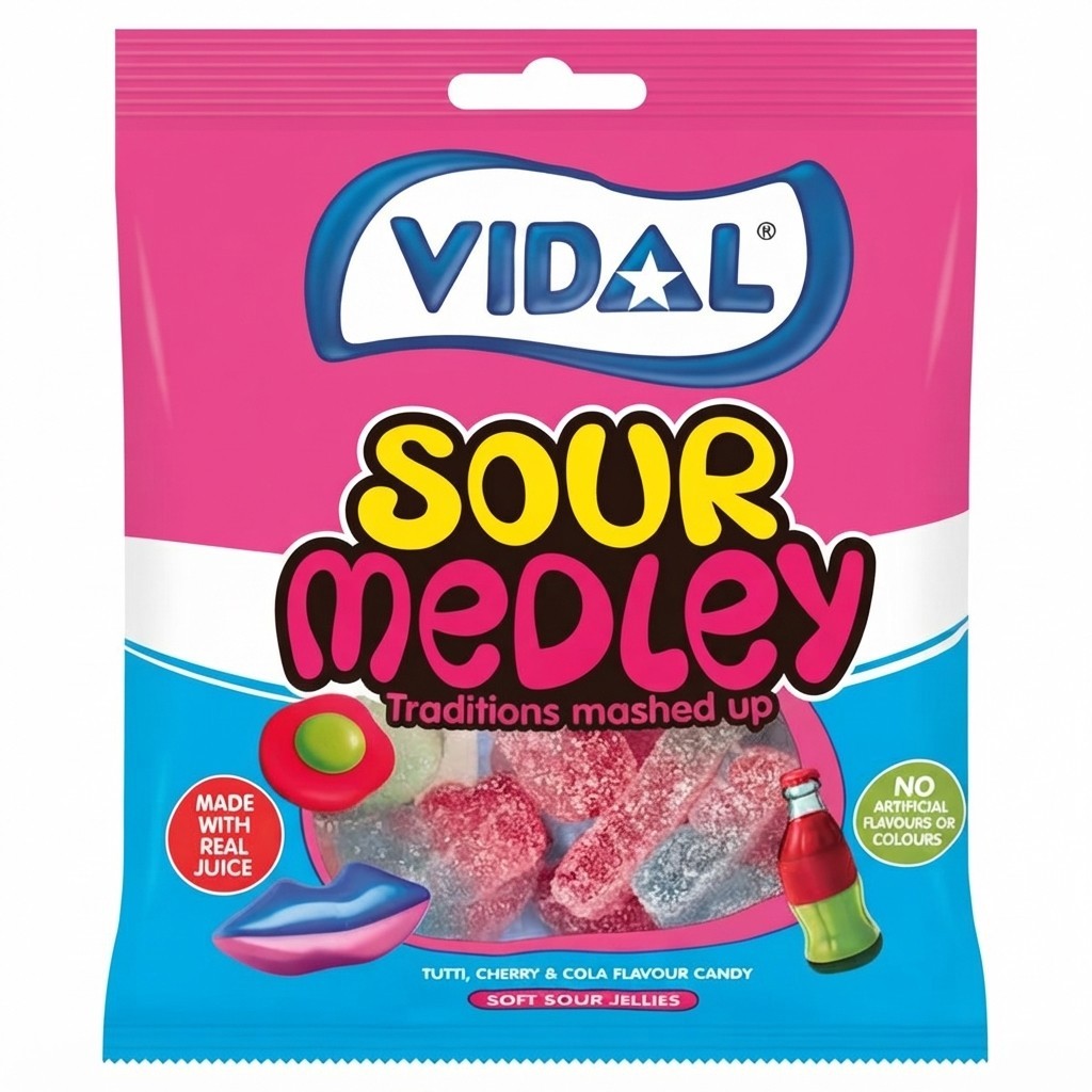 Vidal Sour Medley Tutti Cherry Cola Flavour Candy 140g Case of 10 Sweets UK
