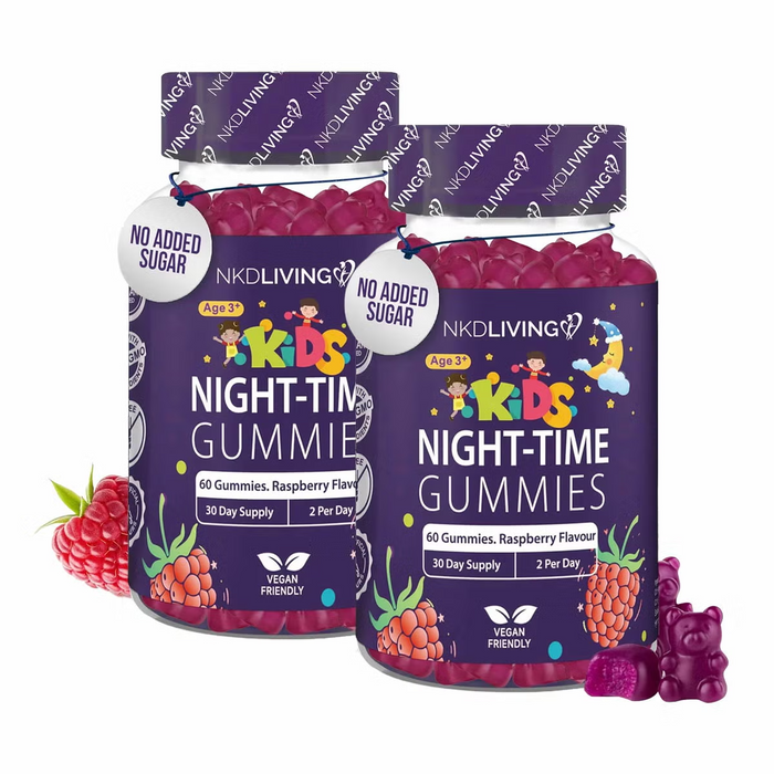 2 x 60 Count NKD Living Kids Night-Time Gummies Raspberry - Magnesium, Chamomile