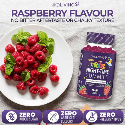 2 x 60 Count NKD Living Kids Night-Time Gummies Raspberry - Magnesium, Chamomile