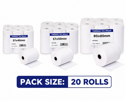 Thermal Till Rolls 57x40mm 57x50mm 80x80mm EPOS Receipt Paper Roll 20 Pack