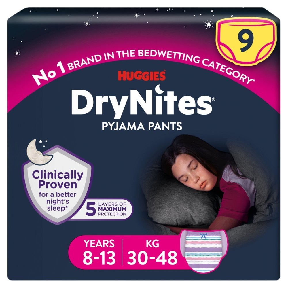 3x 9s Huggies DryNites Bedwetting Pyjama Pants Girl Age 8-13 (30-48kg)