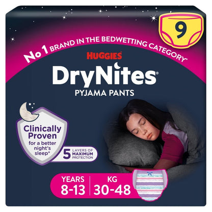 3x 9s Huggies DryNites Bedwetting Pyjama Pants Girl Age 8-13 (30-48kg)