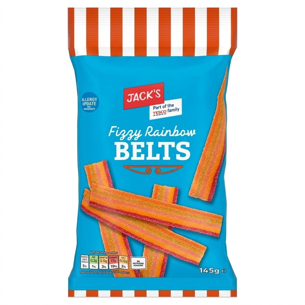10x 145g Jack's Fizzy Rainbow Belts Sour Sweetshop Gummy Belts Bag