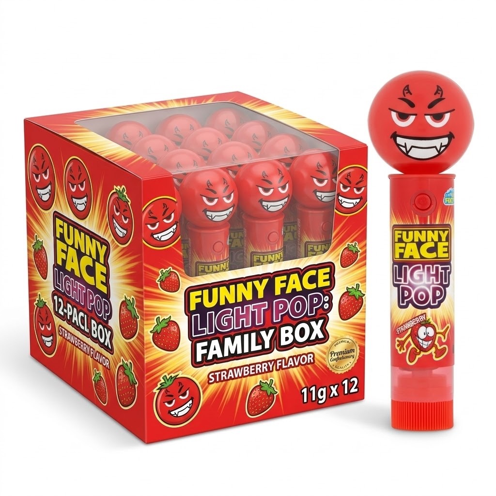 12 x 11g Pack Funny Face Light Pop Novelty Fruit Flavour Candy Lollipop Toy