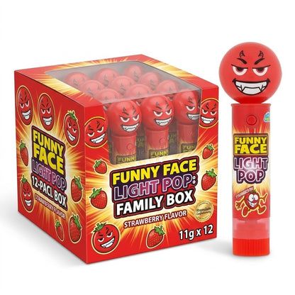12 x 11g Pack Funny Face Light Pop Novelty Fruit Flavour Candy Lollipop Toy