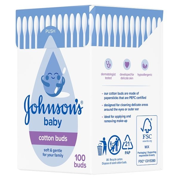 12x 100s PEFC Johnson's Baby Cotton Buds Papersticks Soft & Gentle