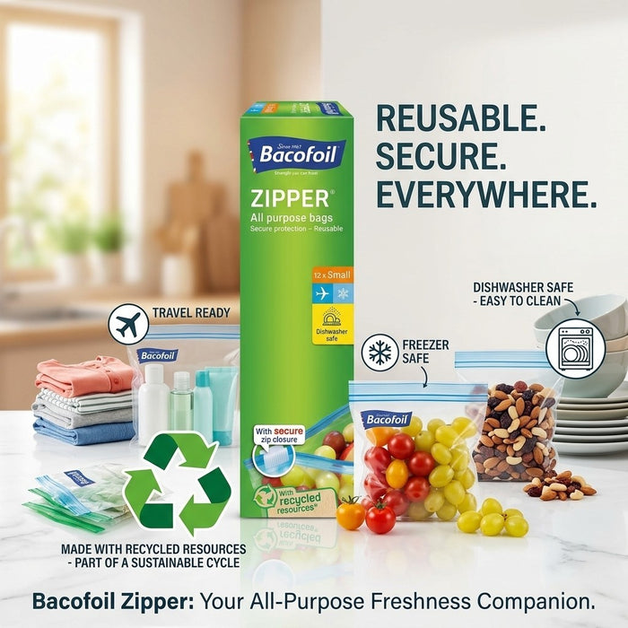 12 Pack Bacofoil Zipper All Purpose Food Freezer Bags Small 1L Reusable Storage