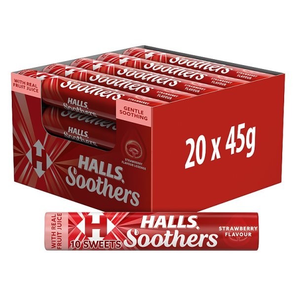 Halls Soothers Strawberry Lozenges Roll 45g Sweets Bulk Pack - 20  / 120 Rolls