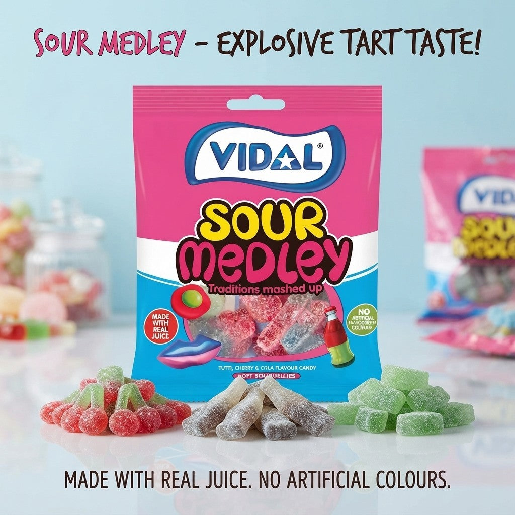 Vidal Sour Medley Tutti Cherry Cola Flavour Candy 140g Case of 10 Sweets UK