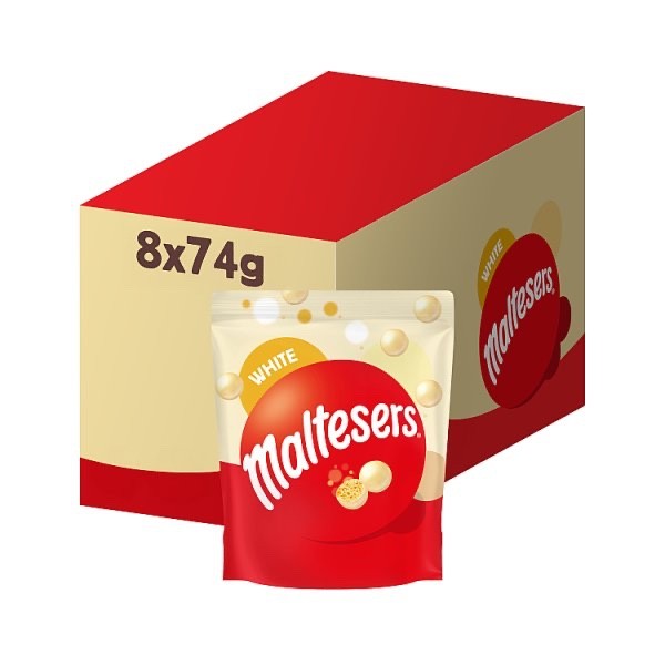 8 x 74g Maltesers White Chocolate Pouch Crunchy Malted Honeycomb Balls Snack