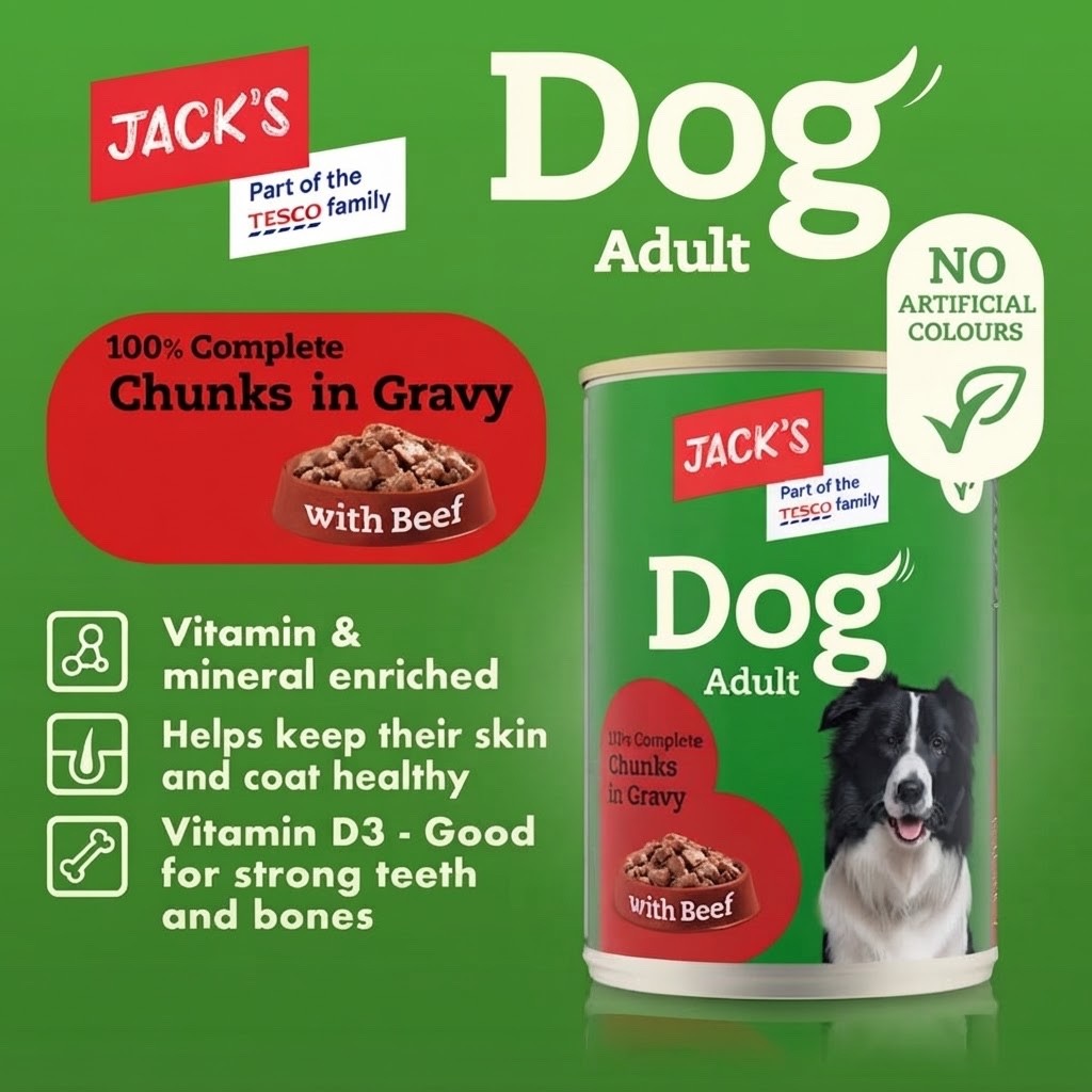 12 x 415g Jack's Adult Dog Food Wet Chunks Beef Chicken Gravy Jelly Wet Cans