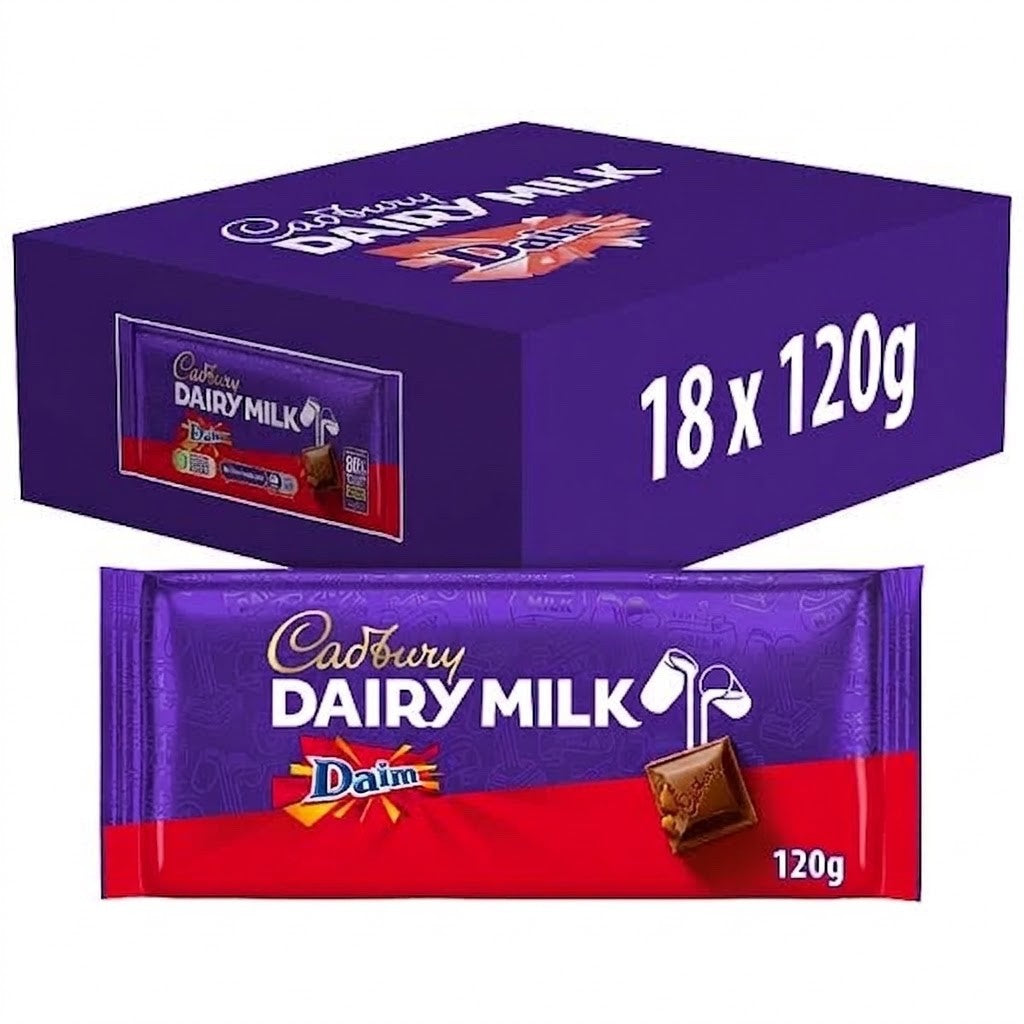 18 x 120g Cadbury Dairy Milk Daim Chocolate Bar Bulk Box - Crunchy Caramel Bar