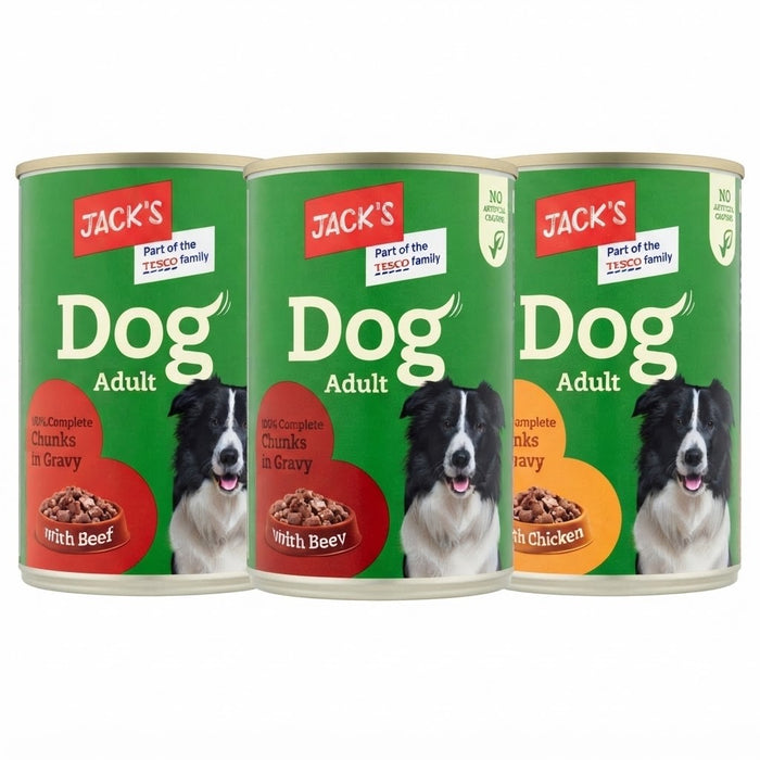 12 x 415g Jack's Adult Dog Food Wet Chunks Beef Chicken Gravy Jelly Wet Cans