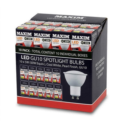 50W × 10 Maxim LED GU10 Spotlight Light Bulb 50W Equivalent Warm White 230V