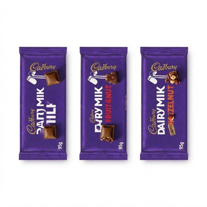 Cadbury Dairy Milk Chocolate Bars 95g - Bulk Buy Multi-Pack (Original, Fruit & N