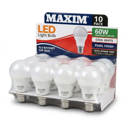 10 Pack Maxim LED GLS Light Bulbs 10W (60W Equivalent) B22 Bayonet Cap Cool Whit