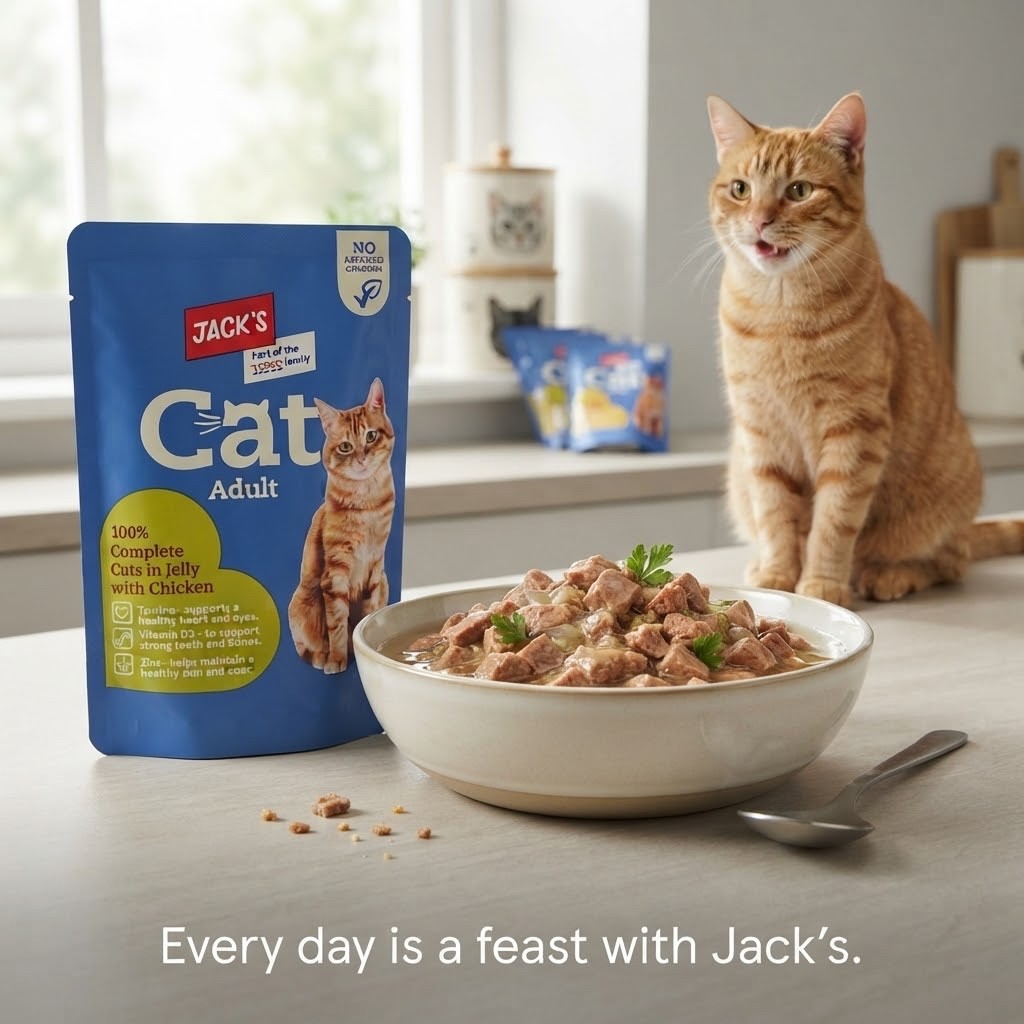 24 x 100g Jack's Cat Adult Wet Food Pouches Variety Pack-Lamb,Chicken&White fish