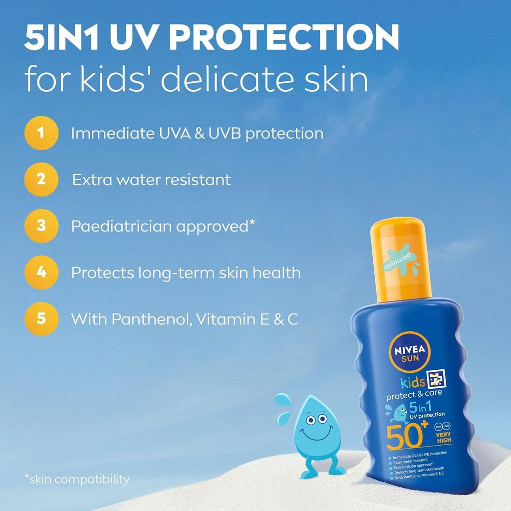 6 Pack NIVEA SUN Kids Protect & Care Coloured Spray SPF 50+ 200ml x6 Value Pack