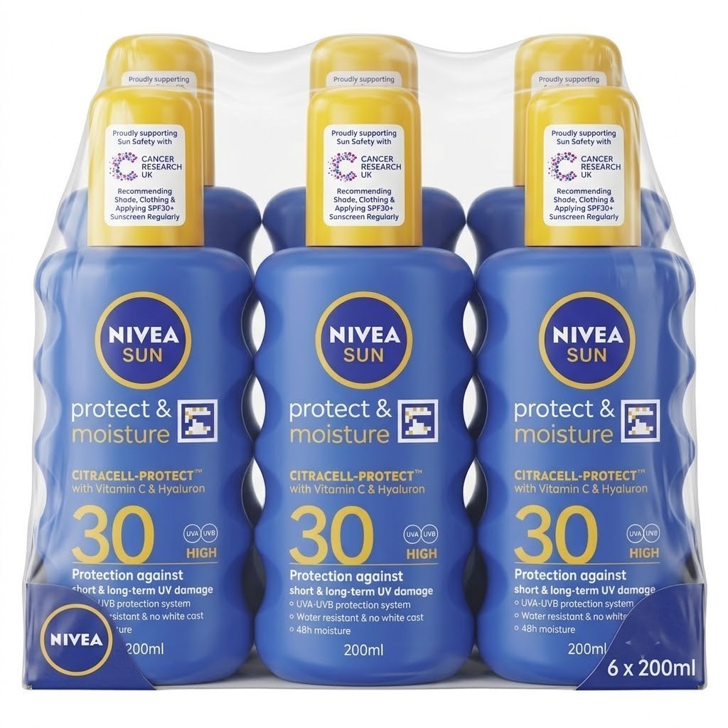 6 Pack NIVEA SUN Protect & Moisture Sun Cream Spray SPF30 200ml x6 - Bulk Pack