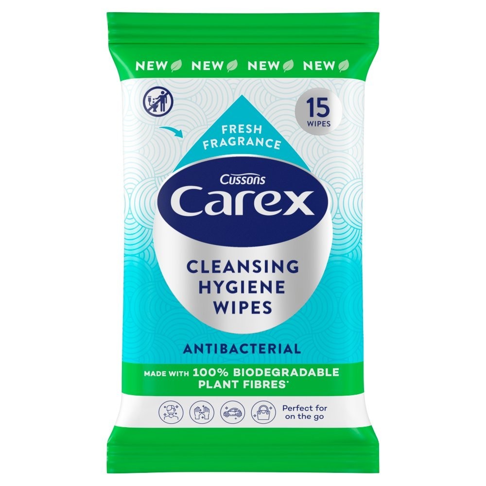 10 Pack Carex Cleansing Hygiene Wipes Antibacterial Biodegradable Fibre 15 Wipes