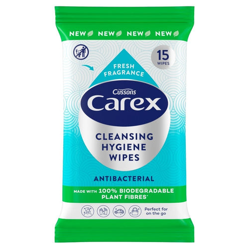 10 Pack Carex Cleansing Hygiene Wipes Antibacterial Biodegradable Fibre 15 Wipes