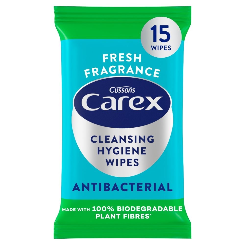 10 Pack Carex Cleansing Hygiene Wipes Antibacterial Biodegradable Fibre 15 Wipes