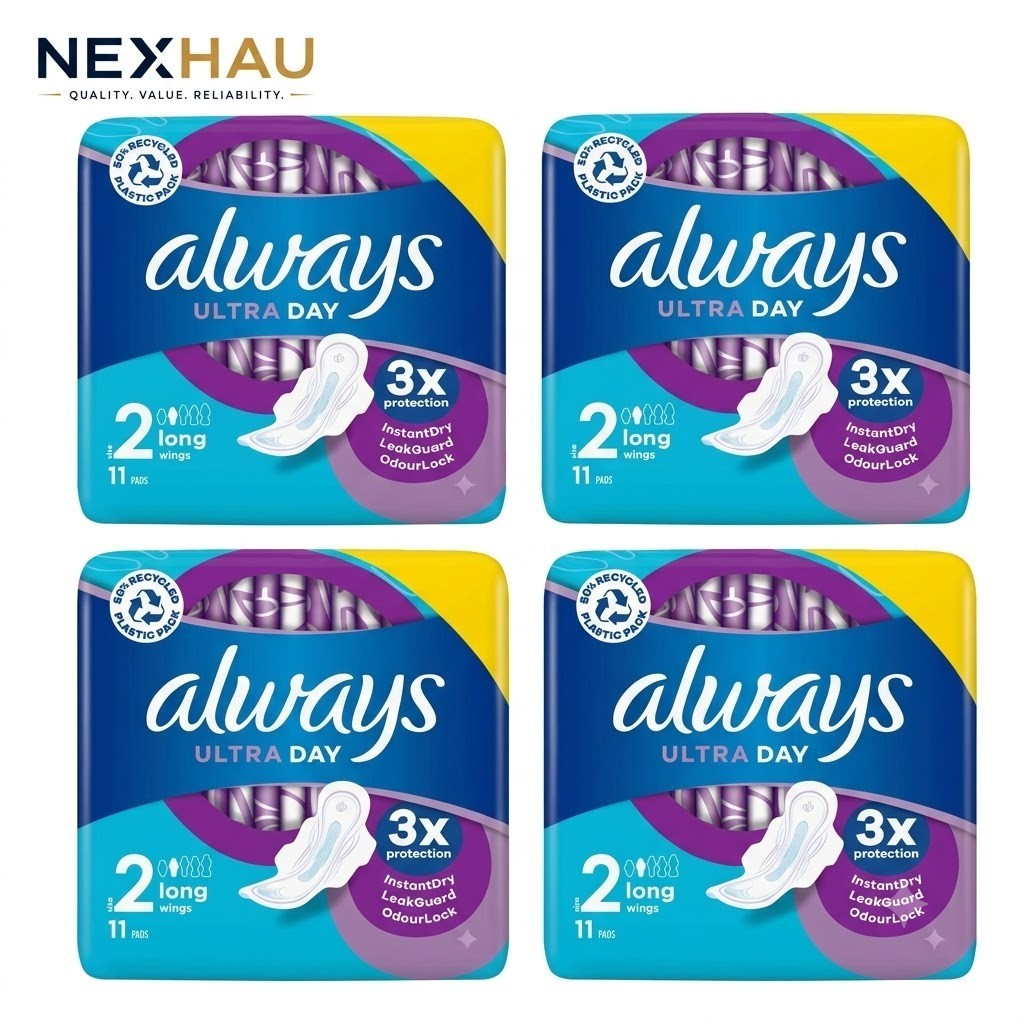 4 Pack Always Ultra Day Pads Long (S2) Wings 11s x4 - 44 Total -Bulk Bundle Pack