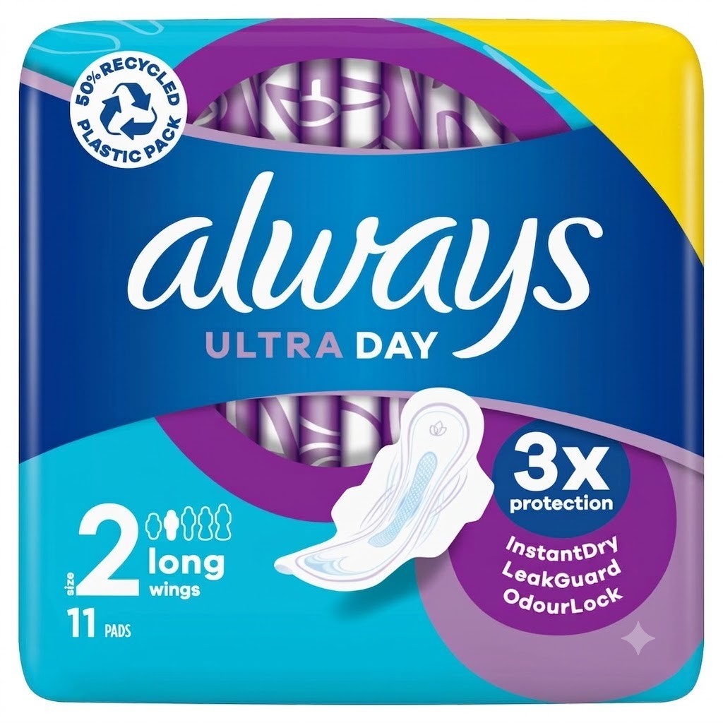 4 Pack Always Ultra Day Pads Long (S2) Wings 11s x4 - 44 Total -Bulk Bundle Pack