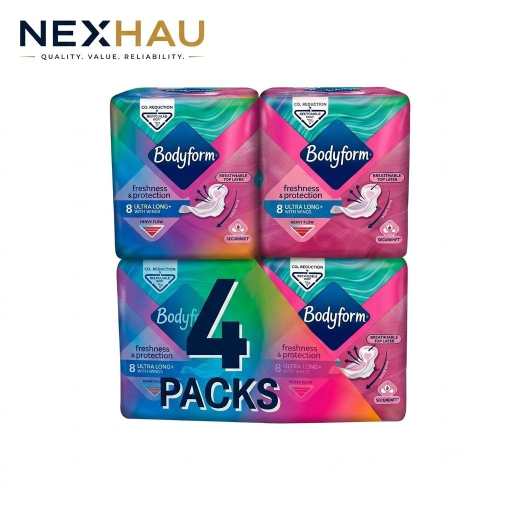 4 Pack Bodyform Total Protection Ultra Long Sanitary Towels Wings 8s x4 - Bulk