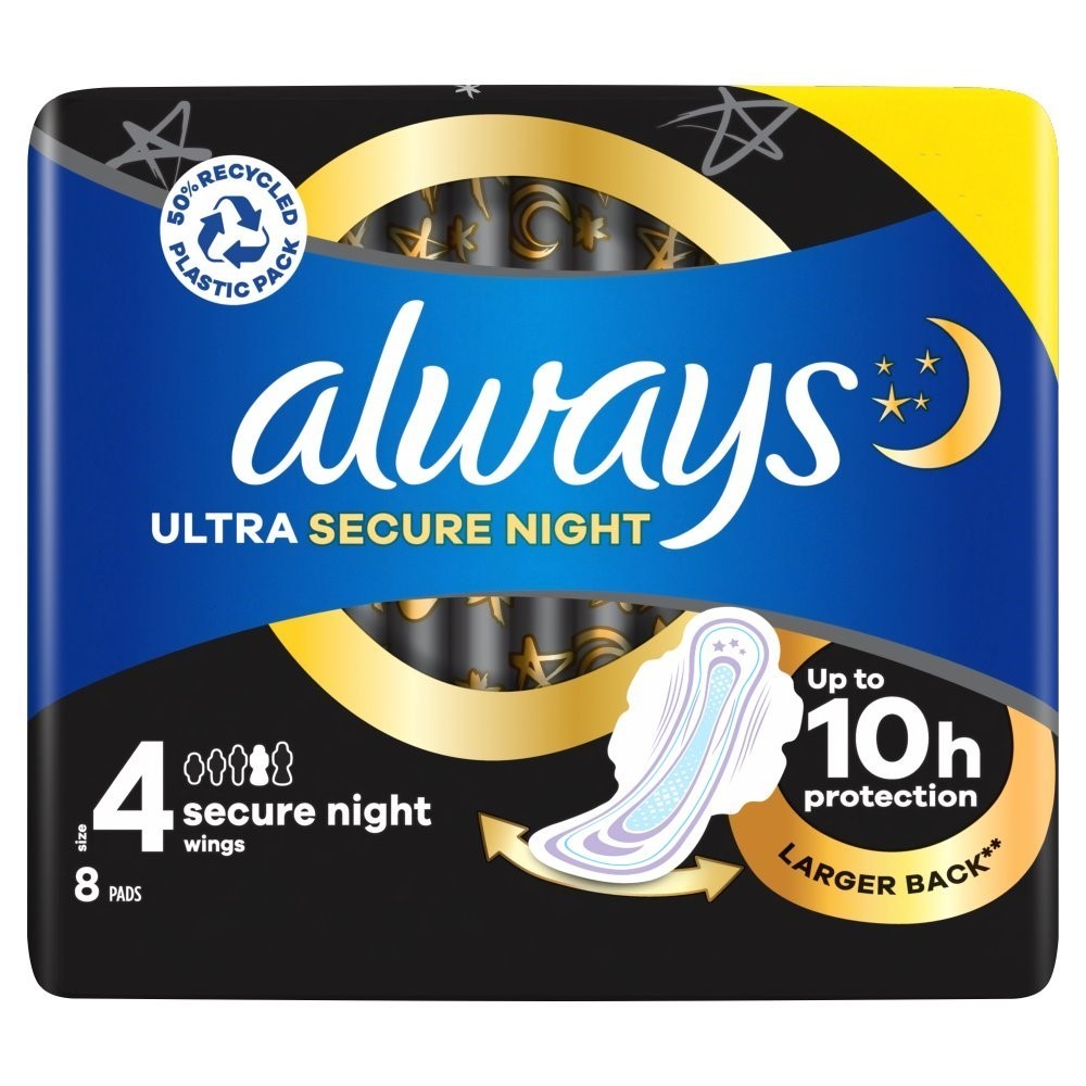 6 Pack Always Ultra Sanitary Towels Secure Night (S4) Wings 8s x6 - Bulk Value