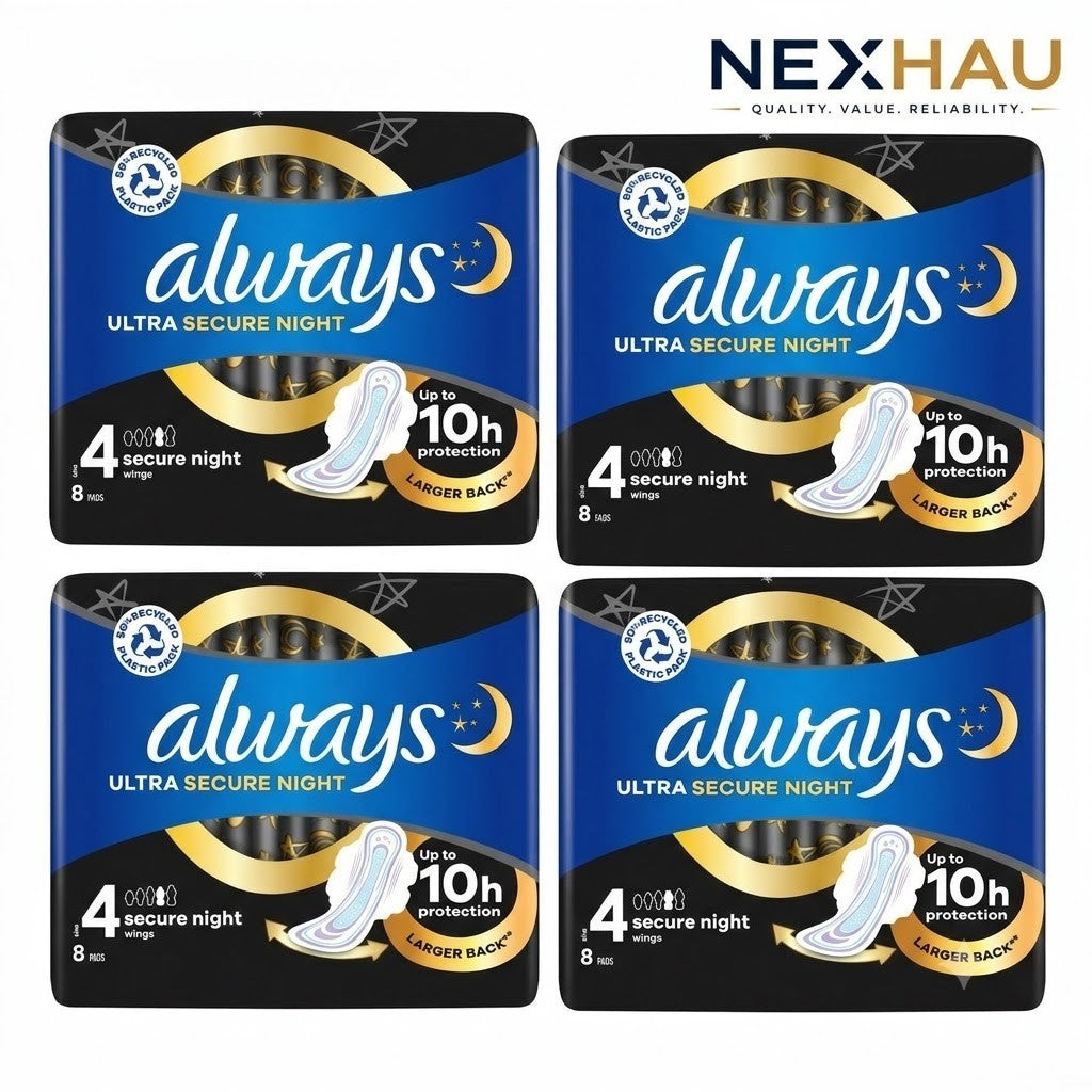 4 Pack Always Ultra Sanitary Towels Secure Night (S4) Wings 8s x4 - 32 Total