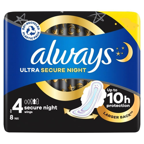4 Pack Always Ultra Sanitary Towels Secure Night (S4) Wings 8s x4 - 32 Total