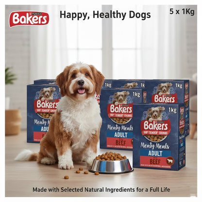 Bakers Adult Dry Dog Food 1kg (5 Pack) - Choose Your Flavor: Meaty Meals Beef or Superfoods Chicken & Vegetables