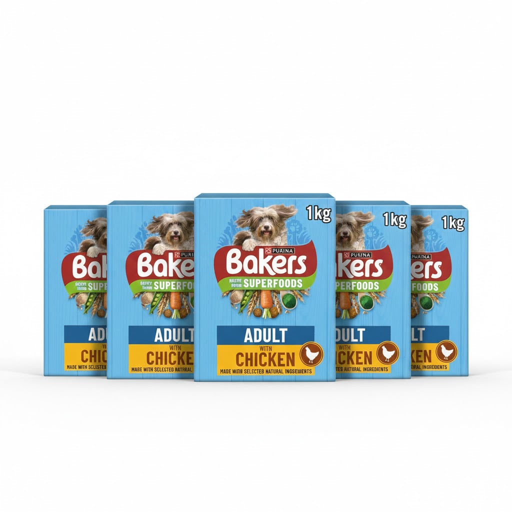 Bakers Adult Dry Dog Food 1kg (5 Pack) - Choose Your Flavor: Meaty Meals Beef or Superfoods Chicken & Vegetables
