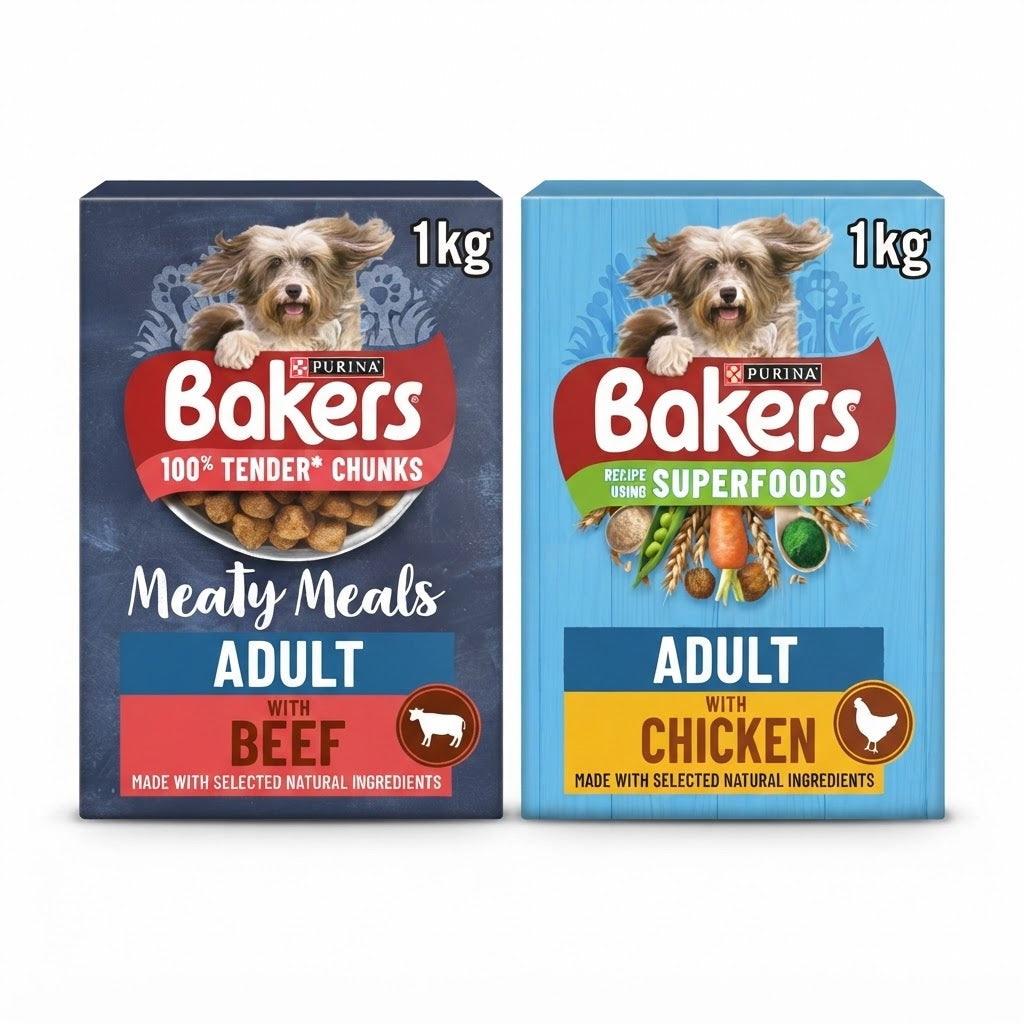 Bakers Adult Dry Dog Food 1kg (5 Pack) - Choose Your Flavor: Meaty Meals Beef or Superfoods Chicken & Vegetables