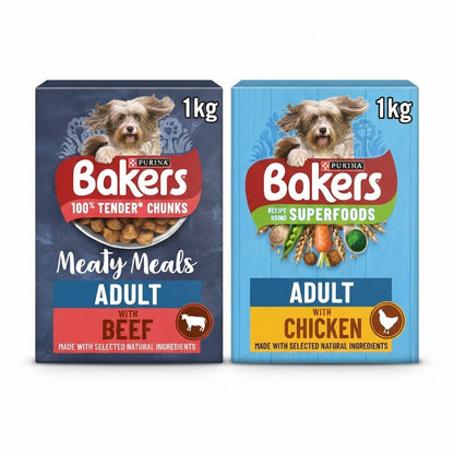 Bakers Adult Dry Dog Food 1kg (5 Pack) - Choose Your Flavor: Meaty Meals Beef or Superfoods Chicken & Vegetables